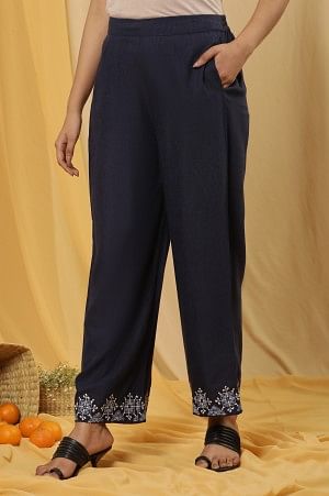 Blue Embroidered Parallel Pants