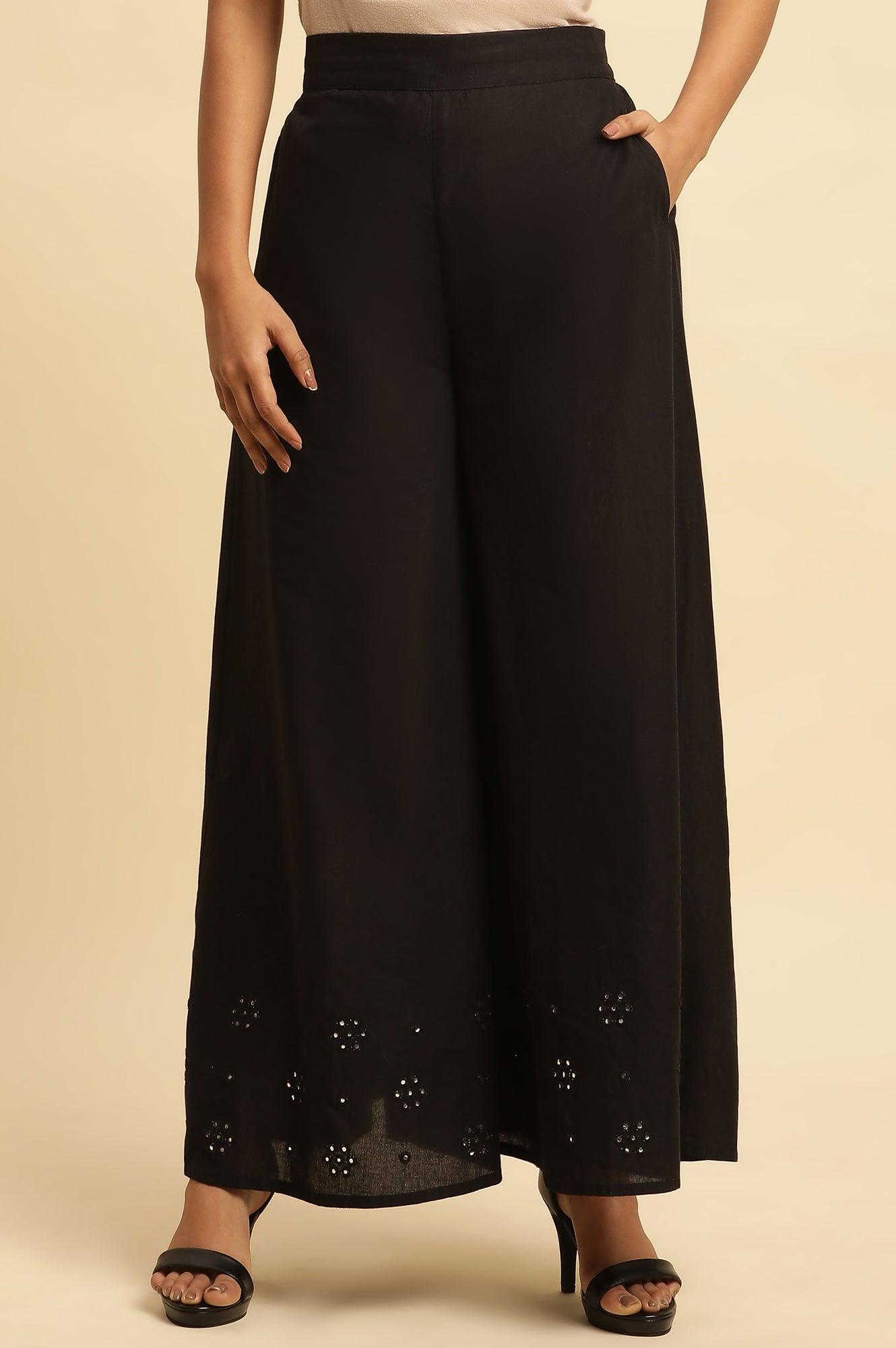 Jet Black Flared Culottes With Mirror Work - wforwoman