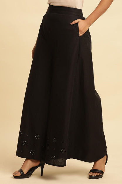 Jet Black Flared Culottes With Mirror Work - wforwoman