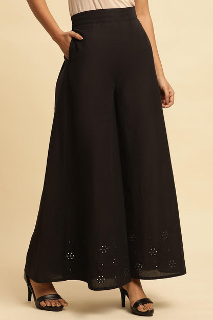 Jet Black Flared Culottes With Mirror Work - wforwoman