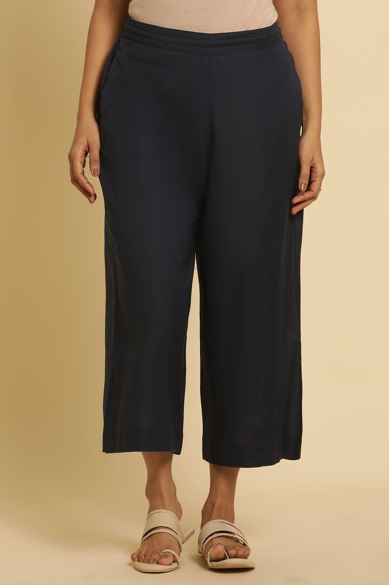 Blue Cotton Flax Flared Pants - wforwoman