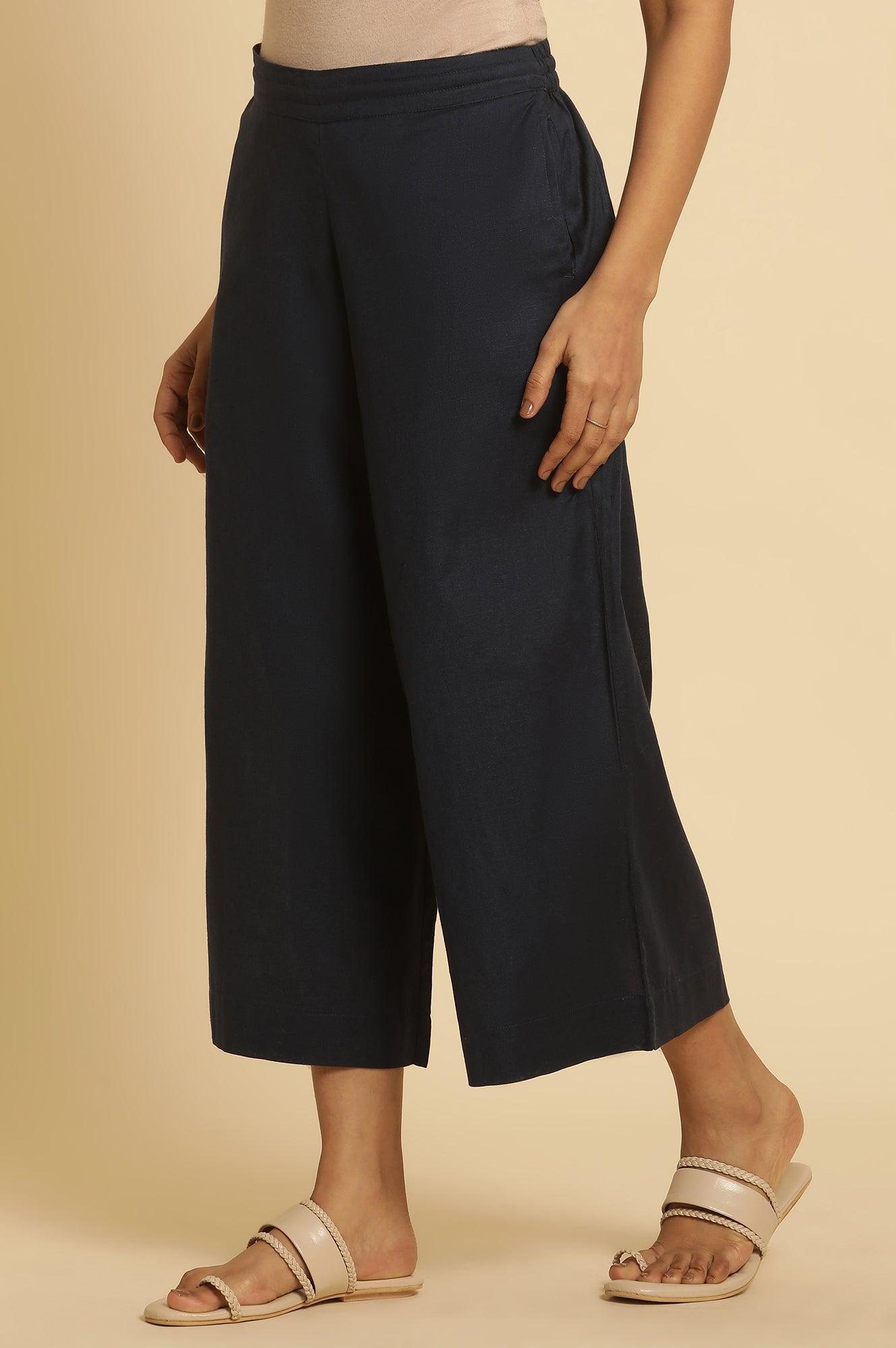 Blue Cotton Flax Flared Pants - wforwoman