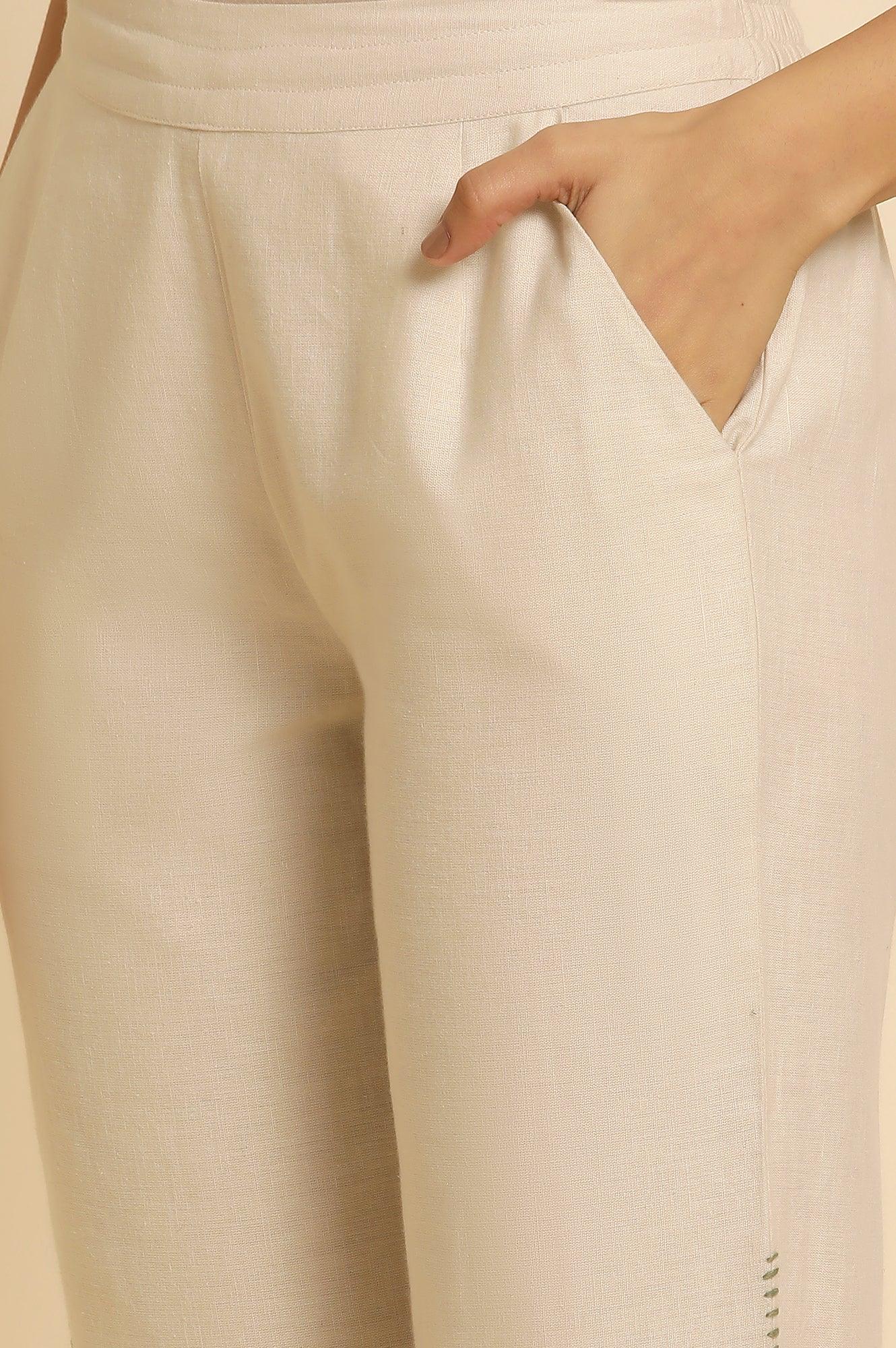 Off-White Cotton Flax Straight Pants - wforwoman