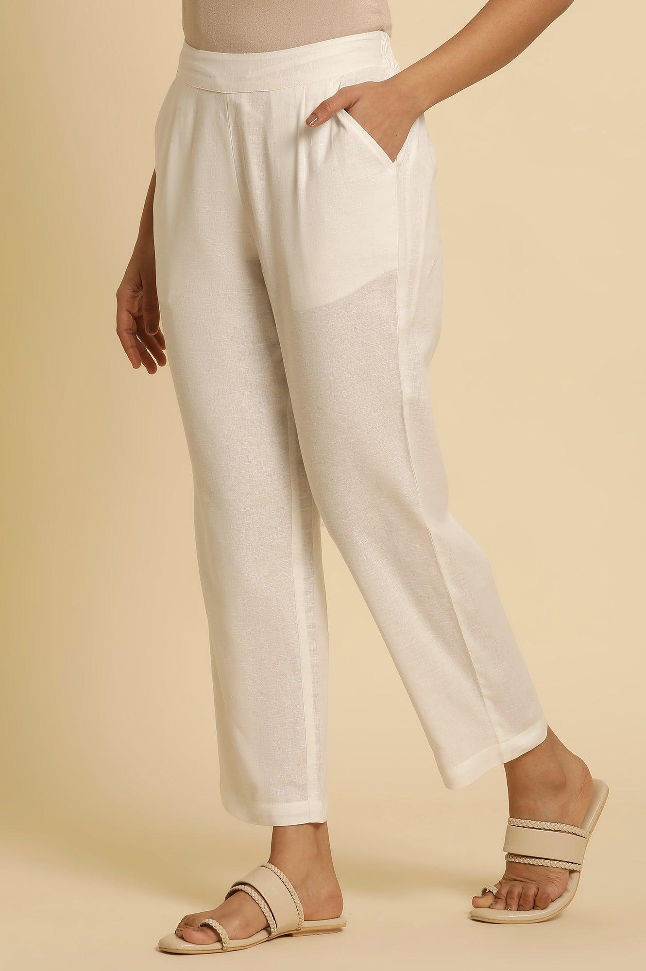 White Cotton Flax Straight Pants - wforwoman
