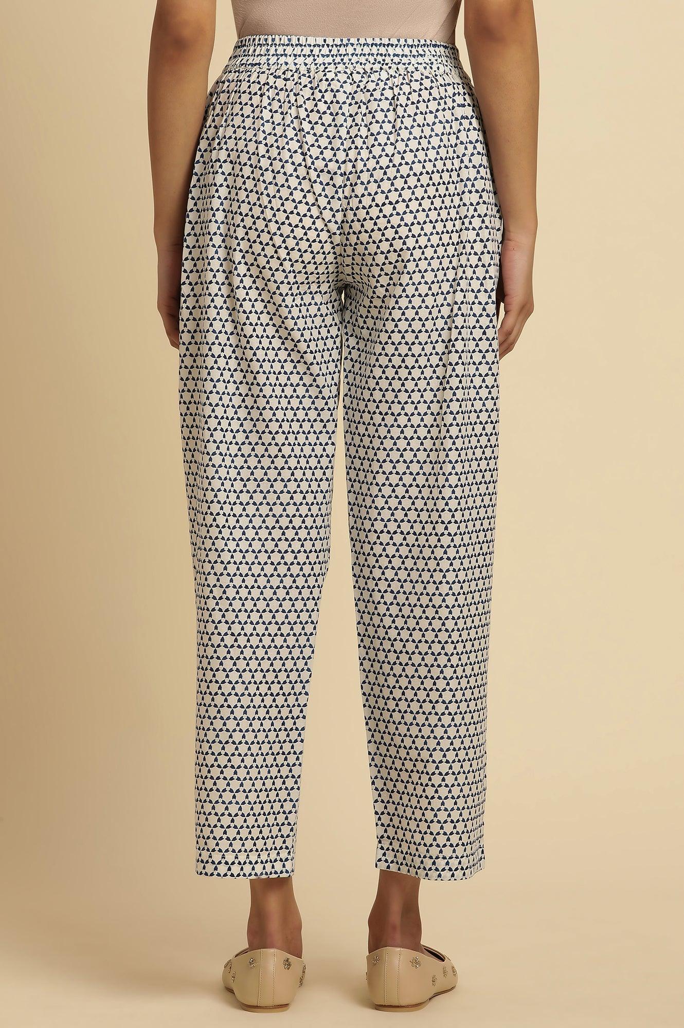 White Straight Pants With Blue Triangle Print - wforwoman