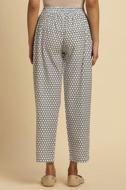 White Straight Pants With Blue Triangle Print - wforwoman