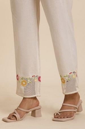 White Cotton Pants With Embroidered Mesh Hemline - wforwoman