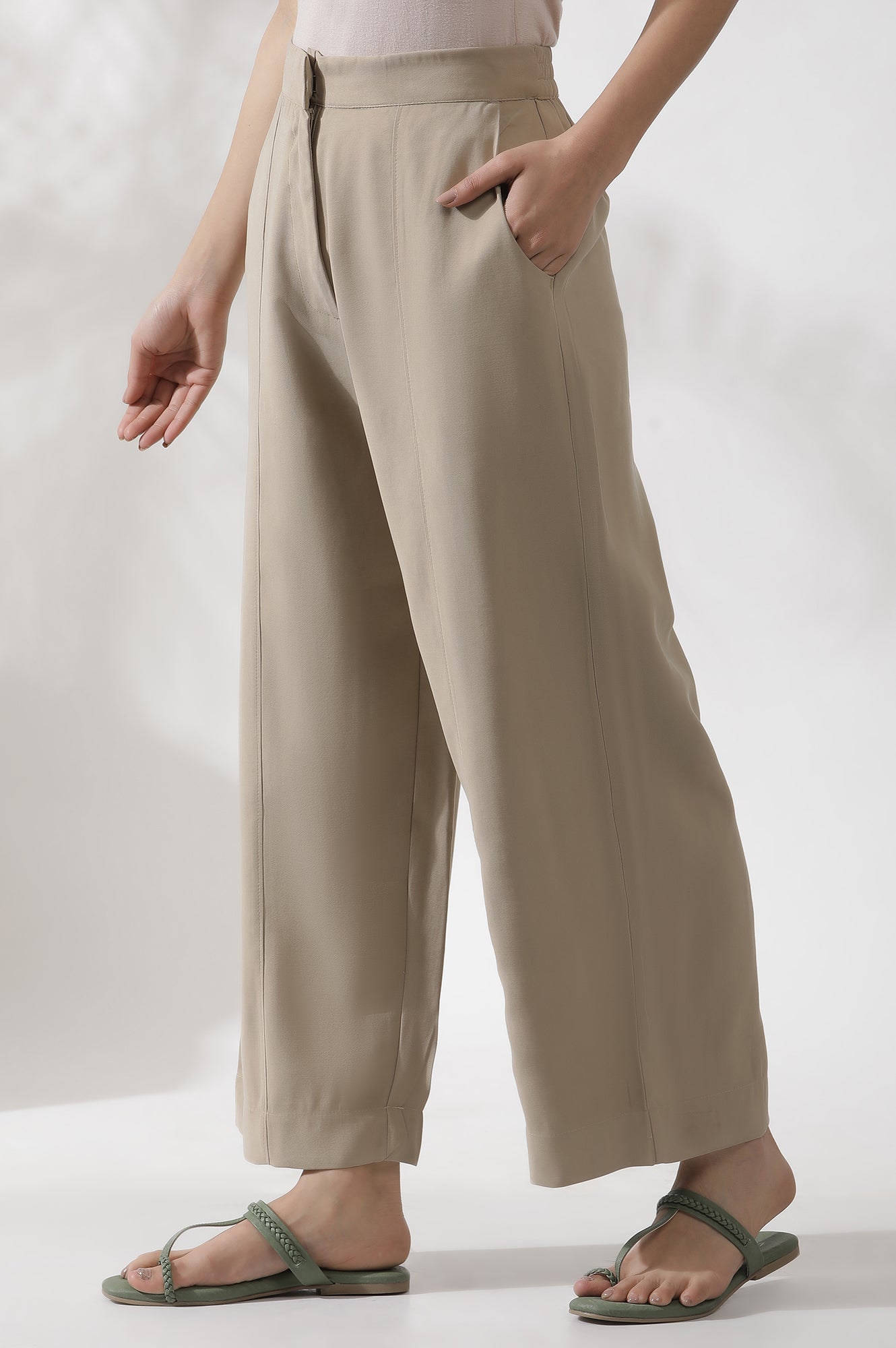 Beige Straight Fit Trouser With Front Pintuck