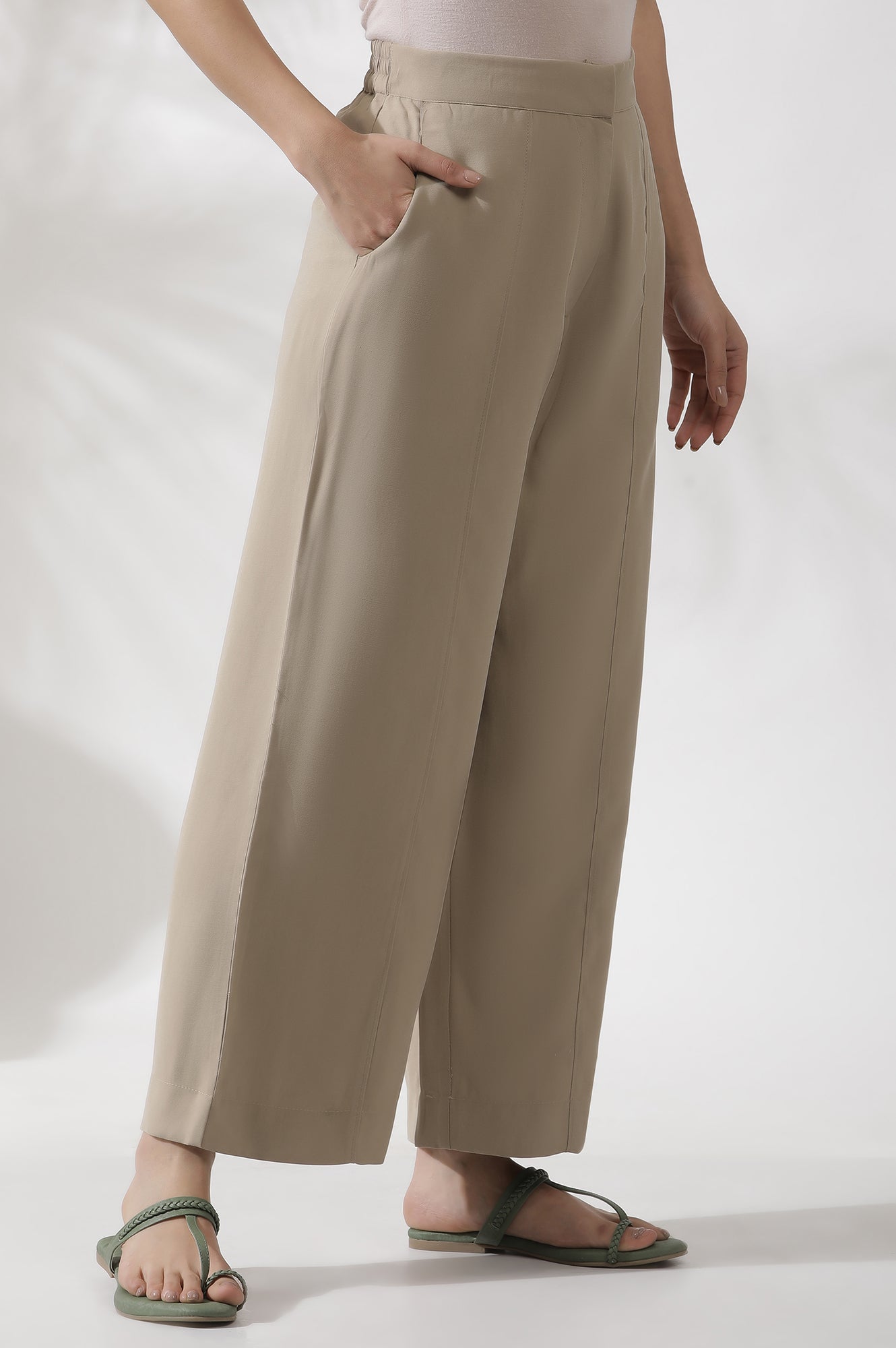 Beige Straight Fit Trouser With Front Pintuck