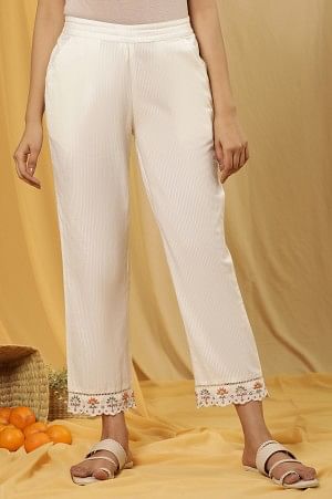 Whte Stripe Printed Cotton Pants With Embroidered Hemline