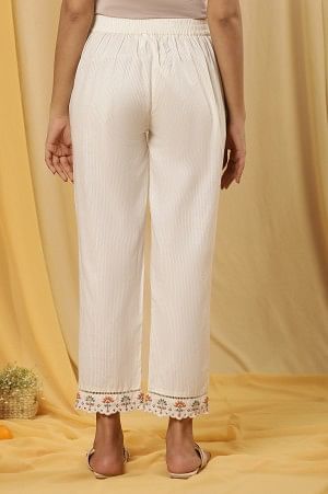 Whte Stripe Printed Cotton Pants With Embroidered Hemline