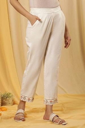 Whte Stripe Printed Cotton Pants With Embroidered Hemline