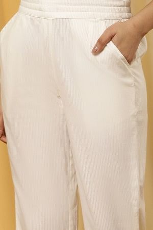 Whte Stripe Printed Cotton Pants With Embroidered Hemline