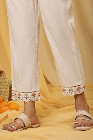 Whte Stripe Printed Cotton Pants With Embroidered Hemline