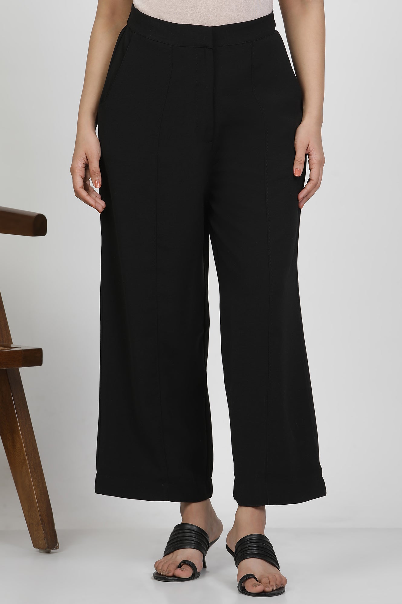 Black Straight Trouser With Front Pintuck