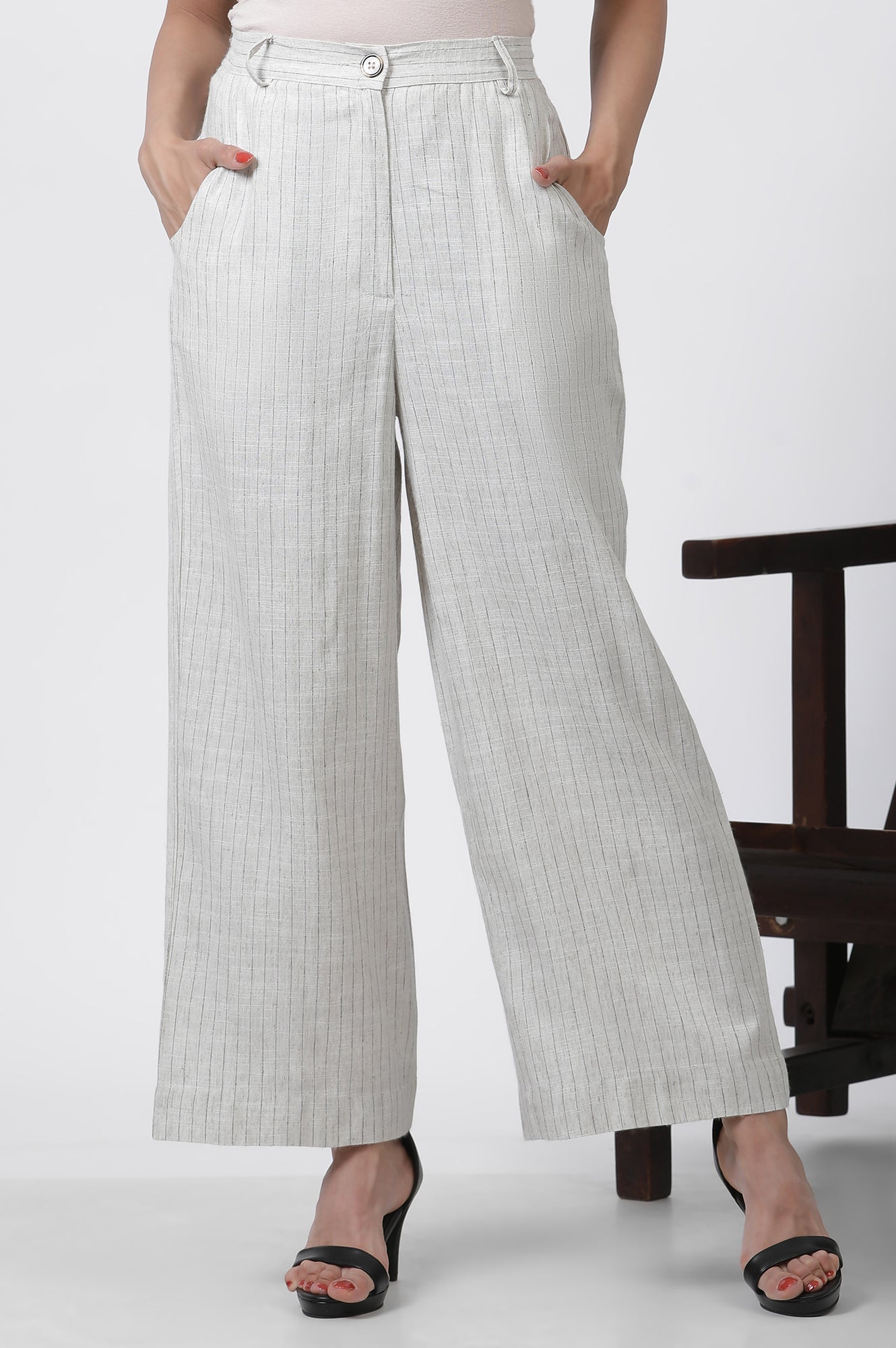 Beige Striped Office Look Straight Trouser