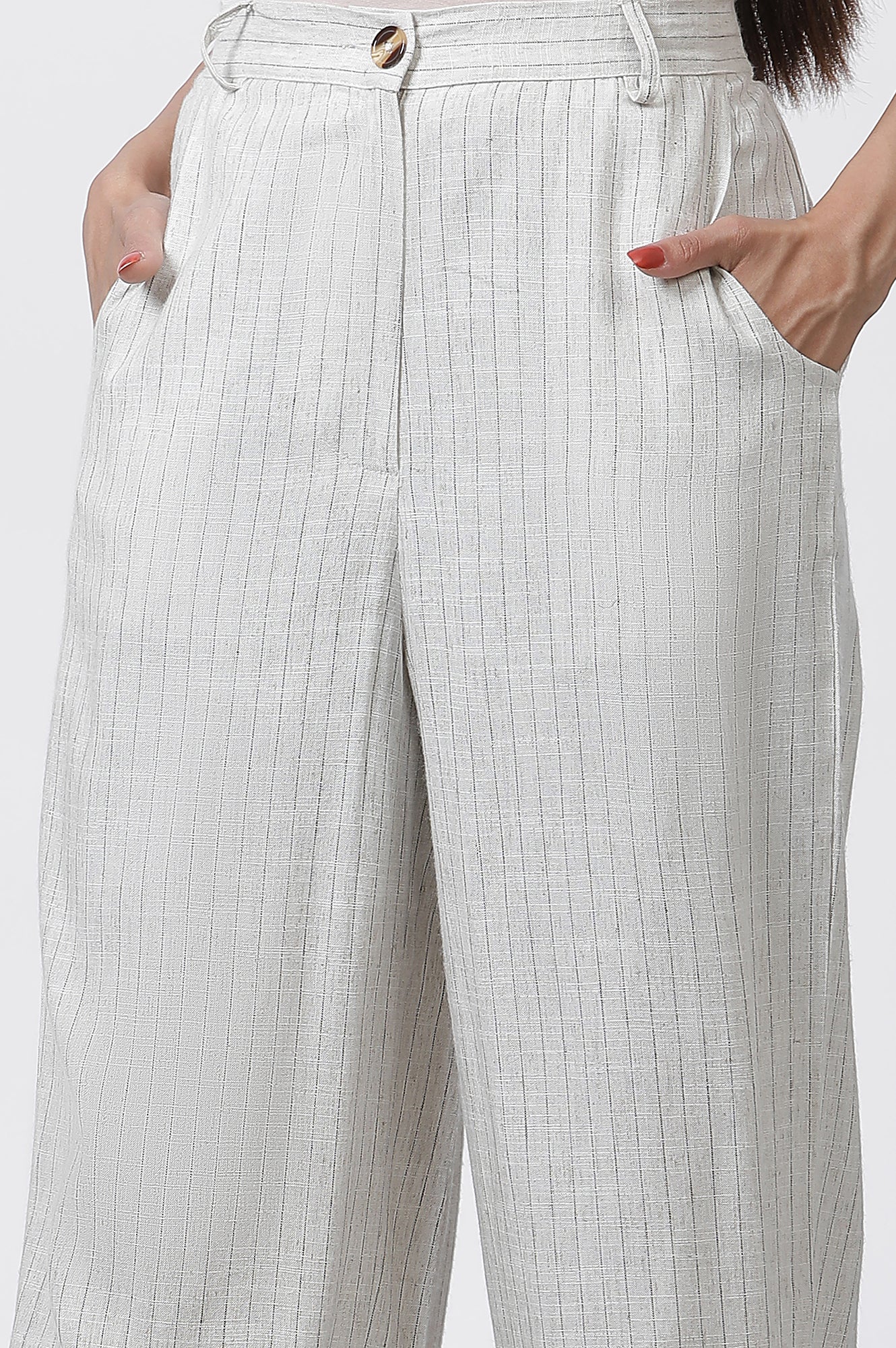 Beige Striped Office Look Straight Trouser