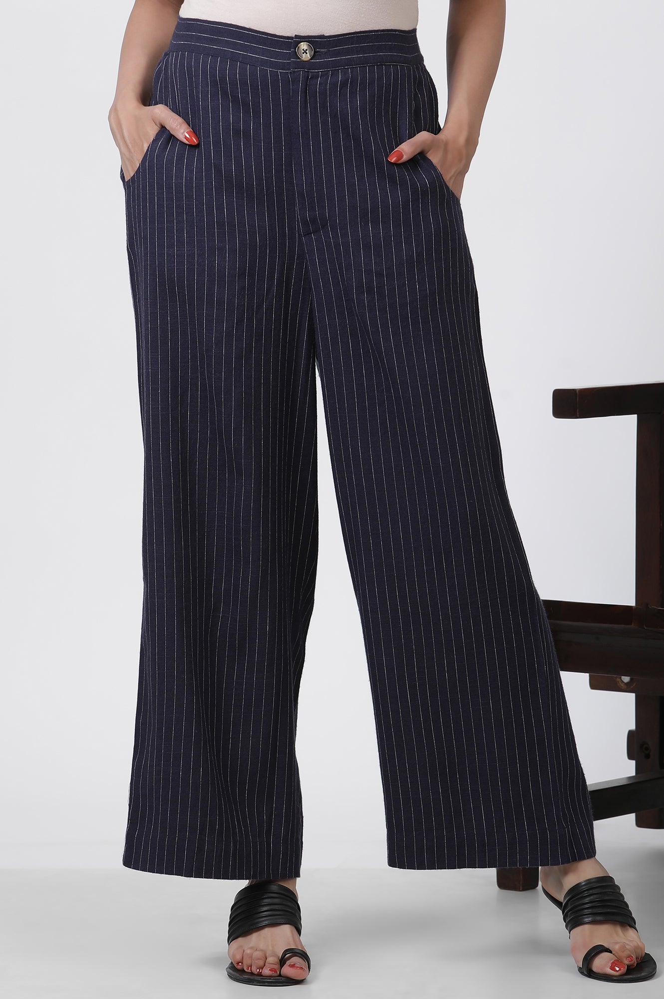 Navy Striped Office Look Straight Trouser