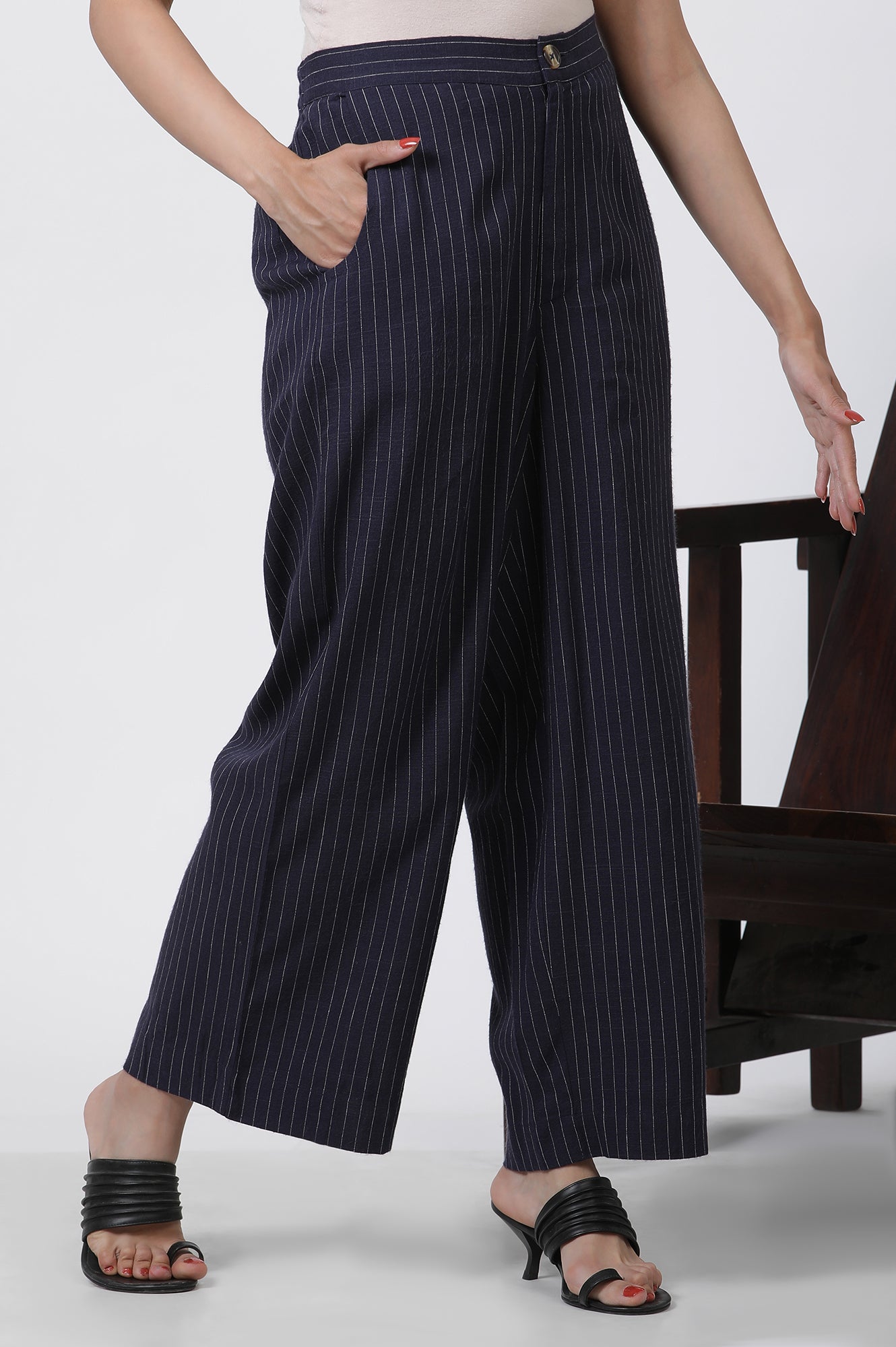 Navy Striped Office Look Straight Trouser