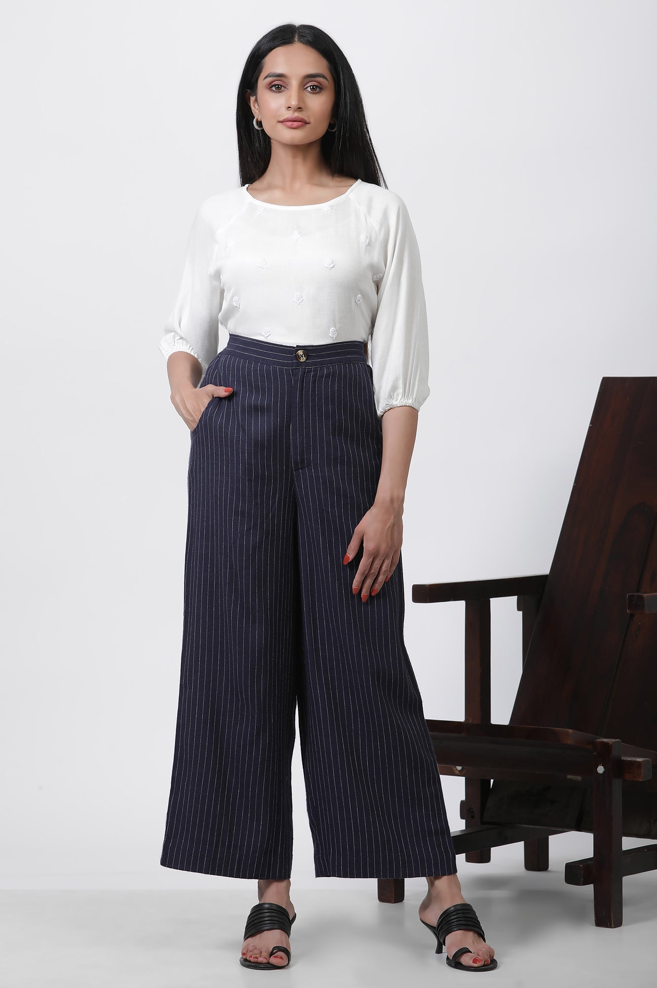 Navy Striped Office Look Straight Trouser