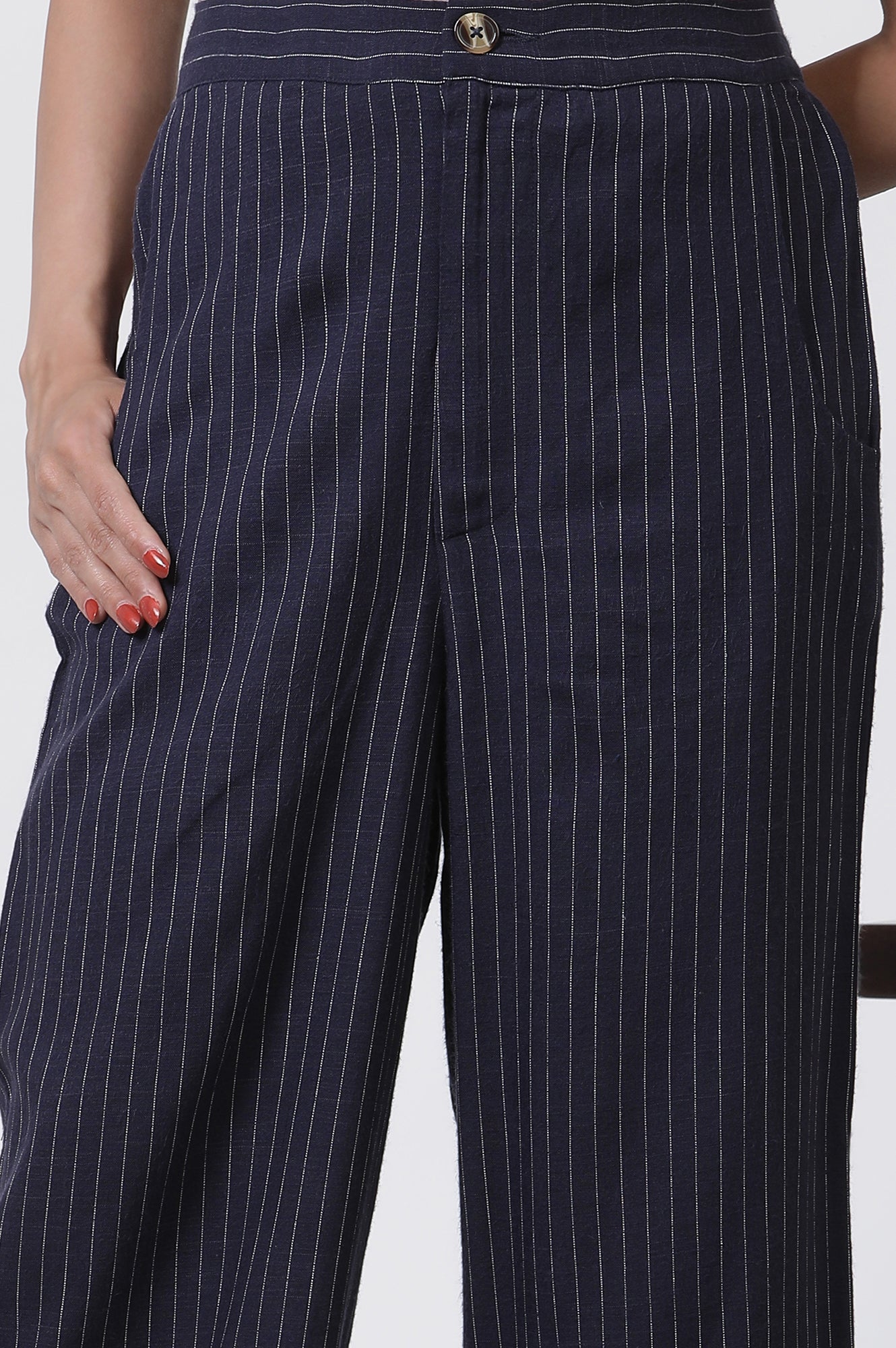 Navy Striped Office Look Straight Trouser