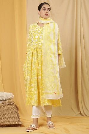 White And Yellow Floral Printed Kota Dupatta