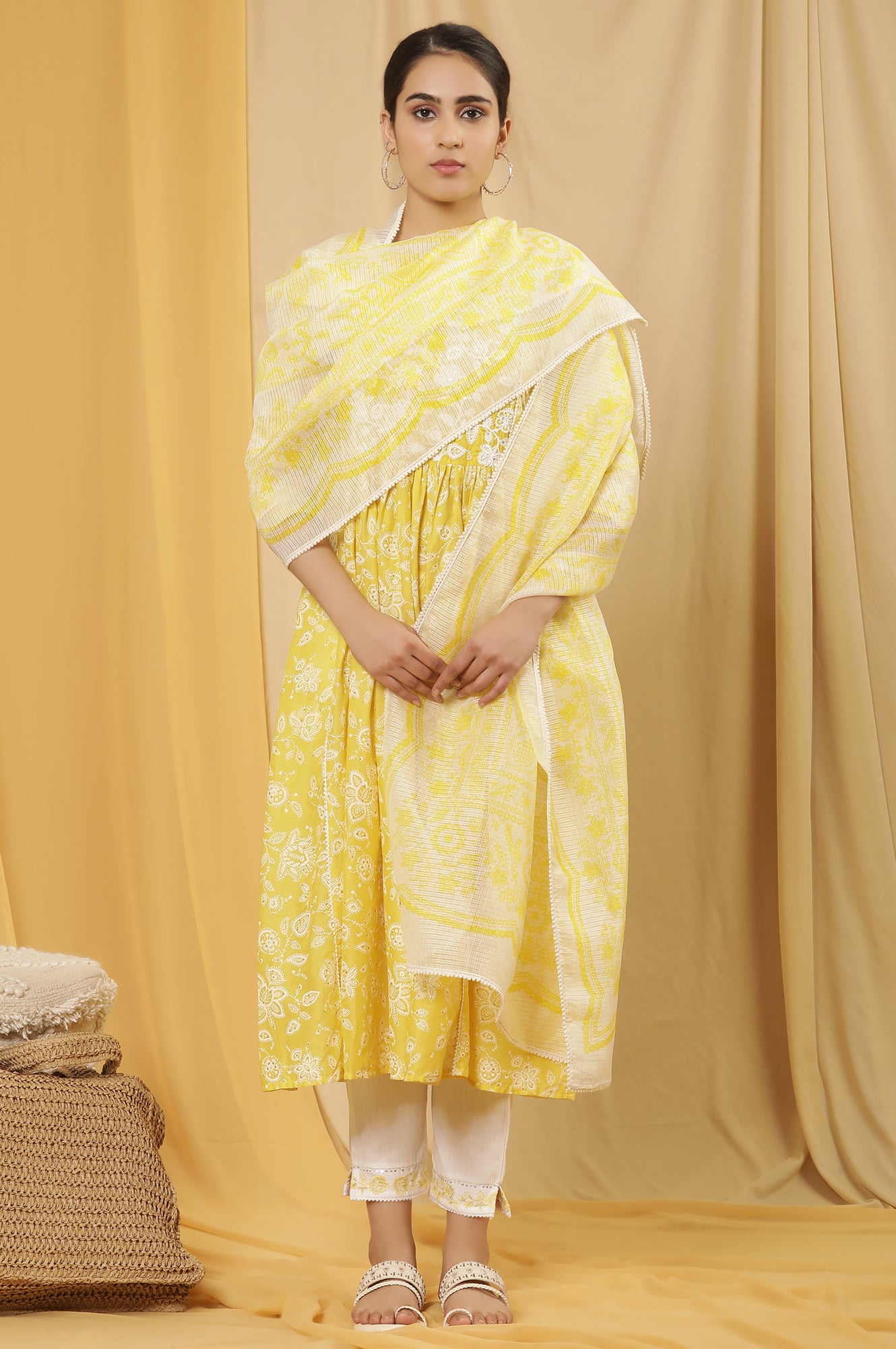 White And Yellow Floral Printed Kota Dupatta