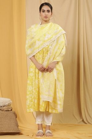 White And Yellow Floral Printed Kota Dupatta