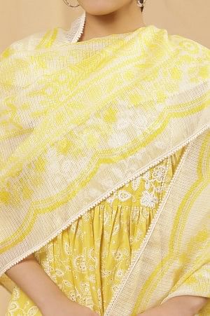 White And Yellow Floral Printed Kota Dupatta