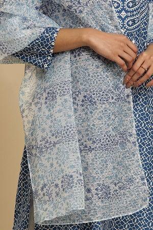 White Kota Dupatta With Blue Floral Print - wforwoman