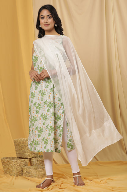White Kota Embroidered Dupatta With Lace