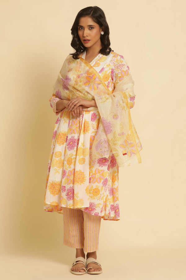 Ecru Kota Dupatta With Multi-Coloured Floral Print