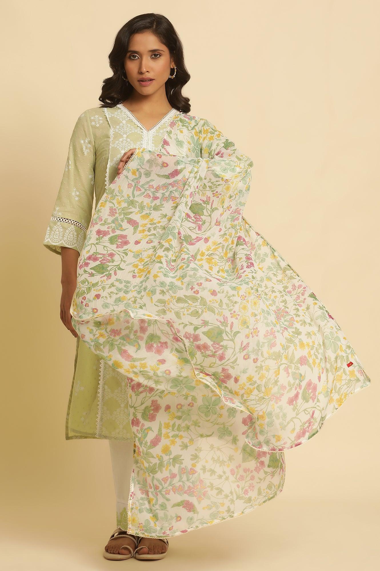 White Chiffon Kurta With Floral Print - wforwoman