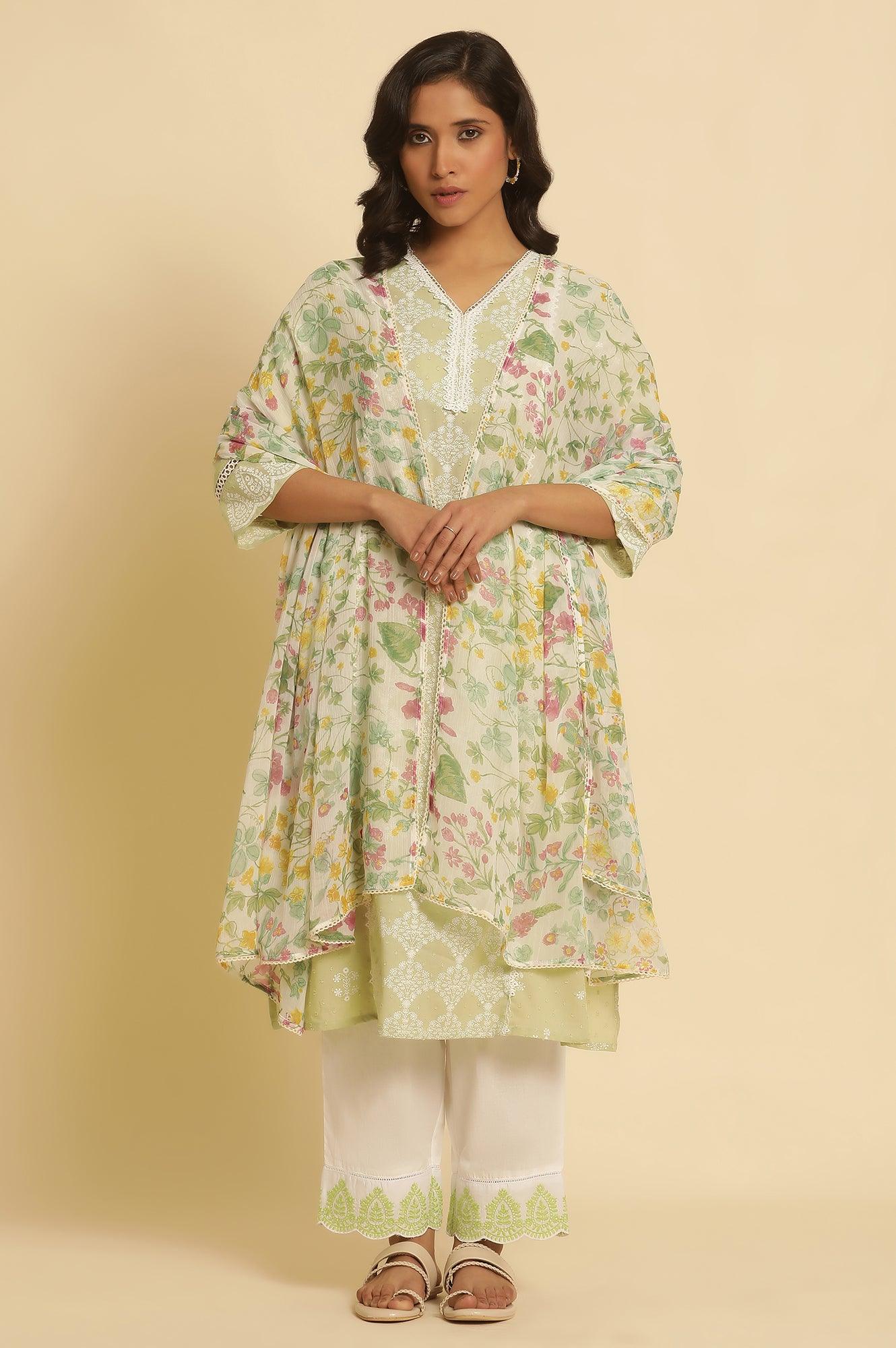 White Chiffon Kurta With Floral Print - wforwoman