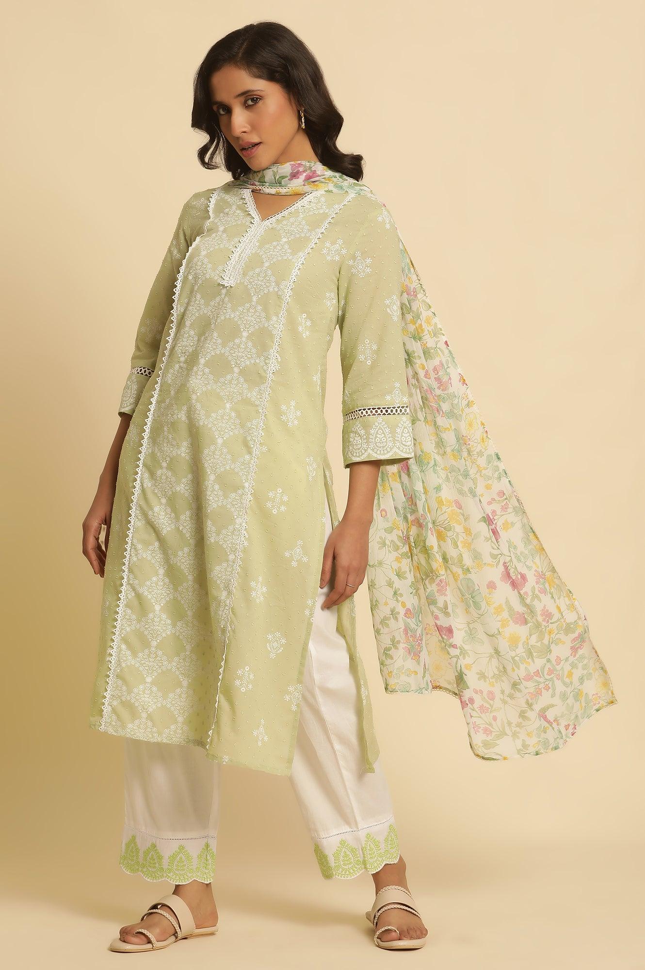 White Chiffon Kurta With Floral Print - wforwoman