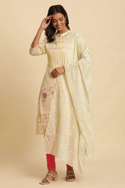 Yellow Floral Printed Cotton Dupatta - wforwoman