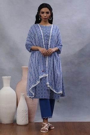 White And Blue Printed Dupatta