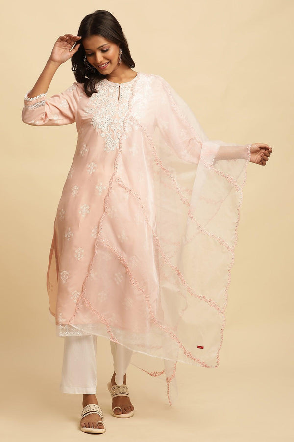 Ecru Organza Dupatta With Thread Embroidery
