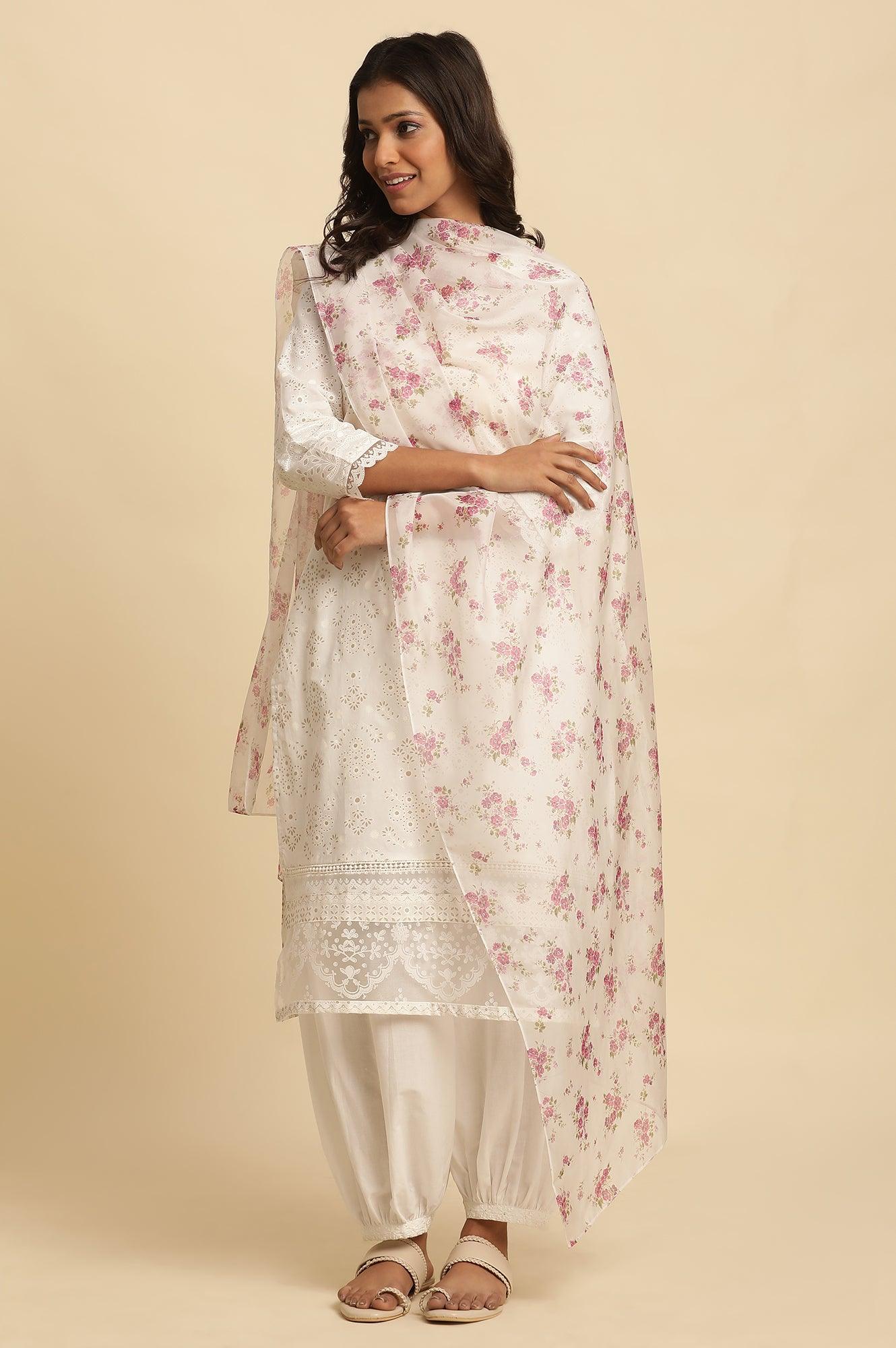 White Floral Printed Organza Dupatta - wforwoman