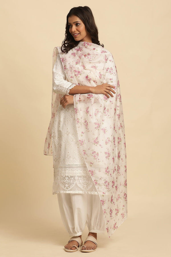 White Floral Printed Organza Dupatta