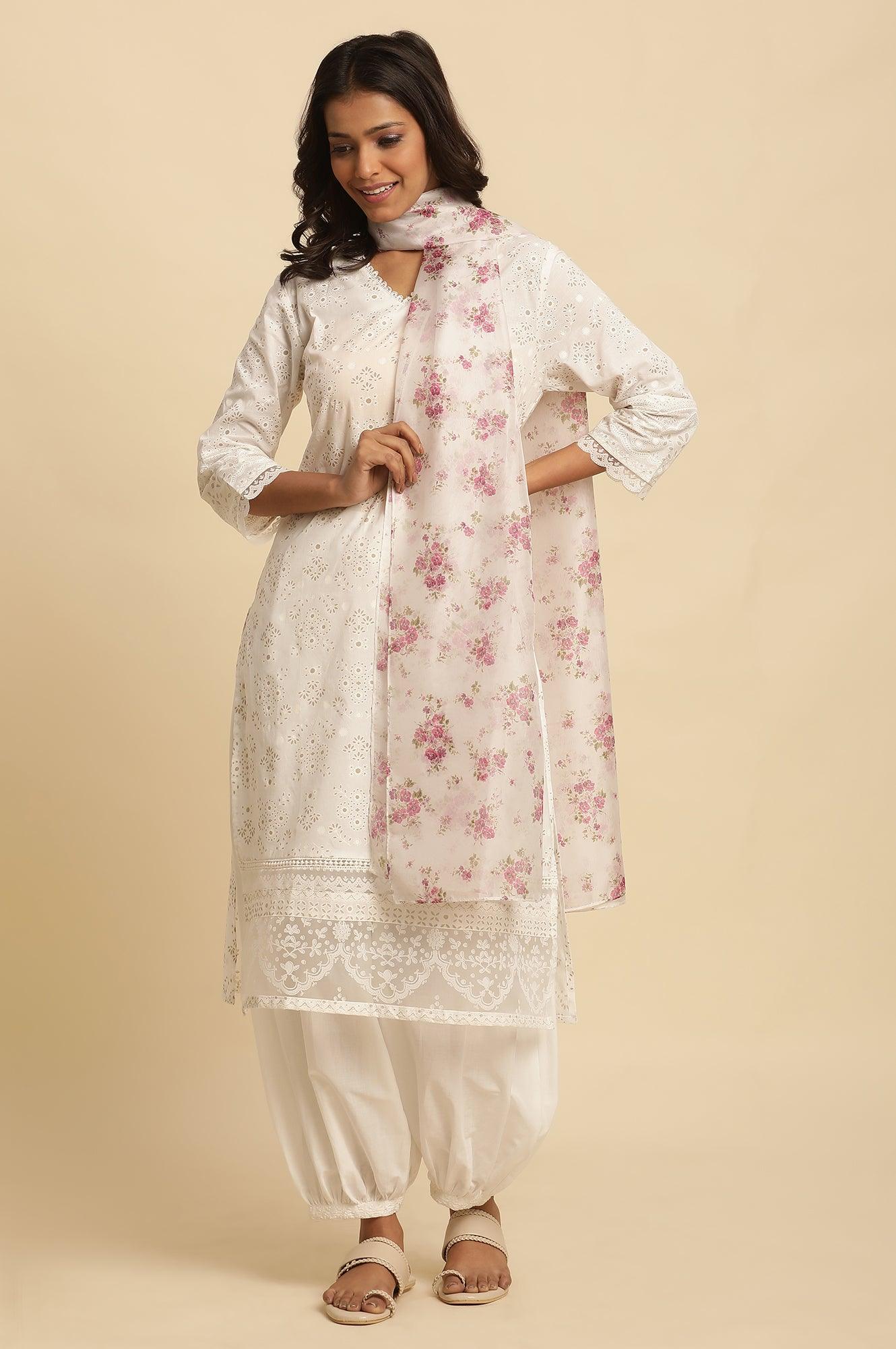 White Floral Printed Organza Dupatta - wforwoman