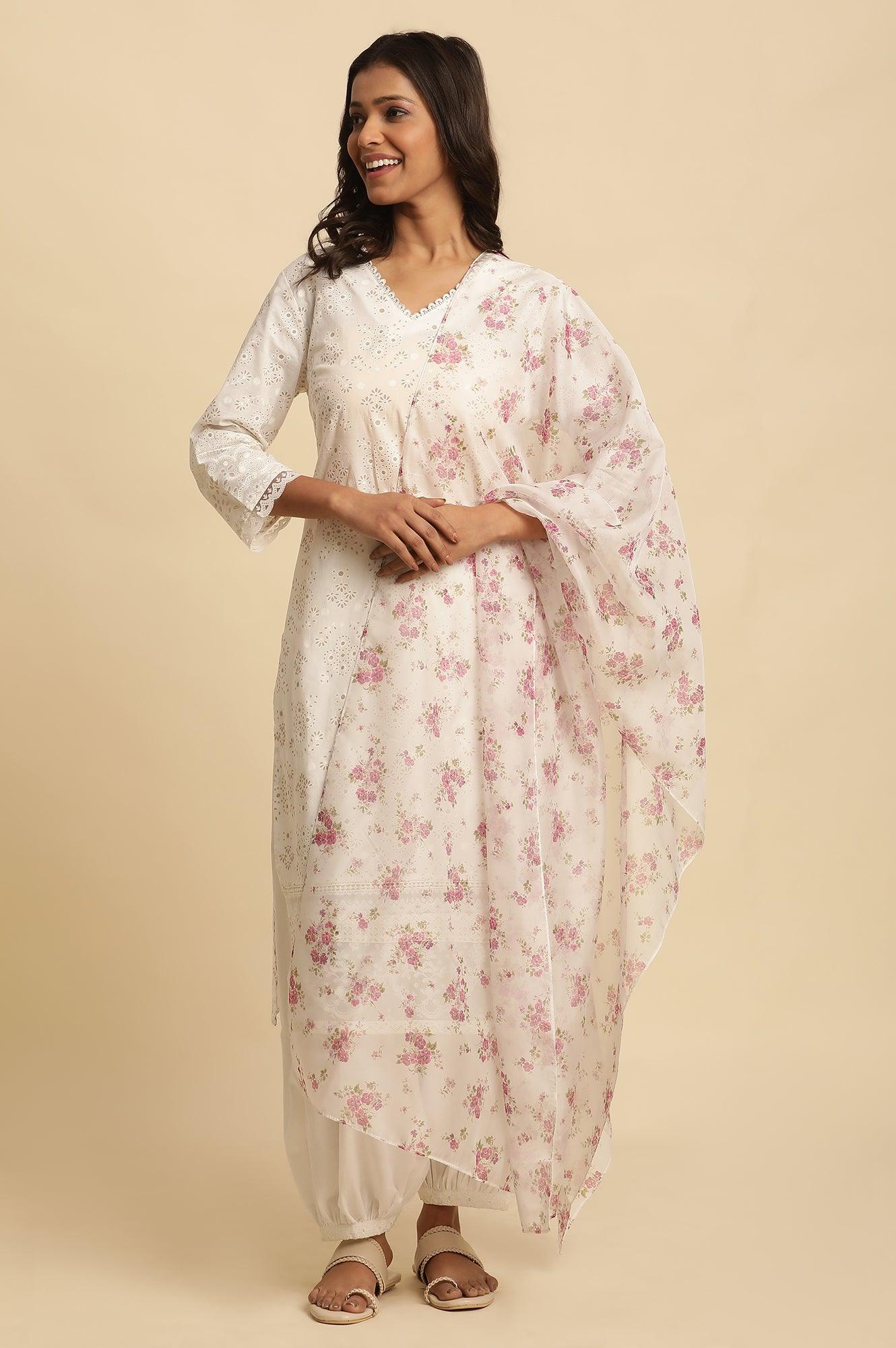 White Floral Printed Organza Dupatta - wforwoman