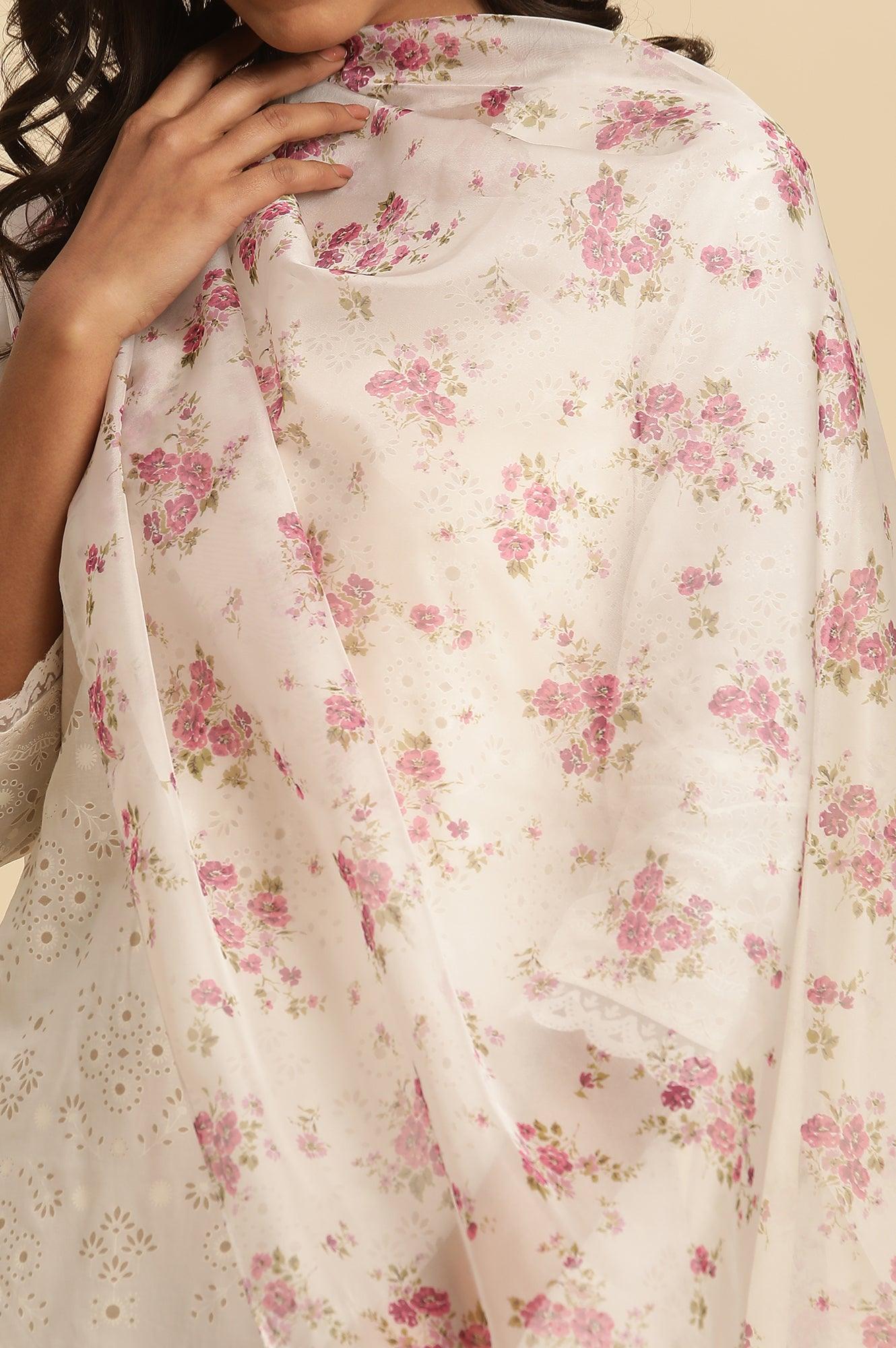 White Floral Printed Organza Dupatta - wforwoman