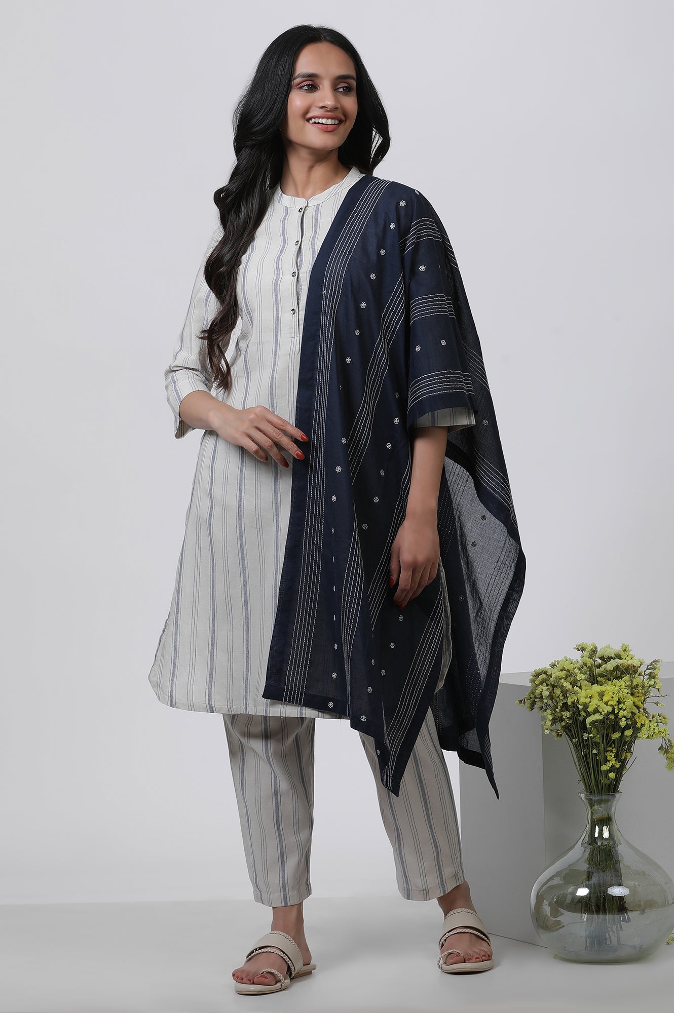 Navy Blue Embroidered Cotton Dupatta