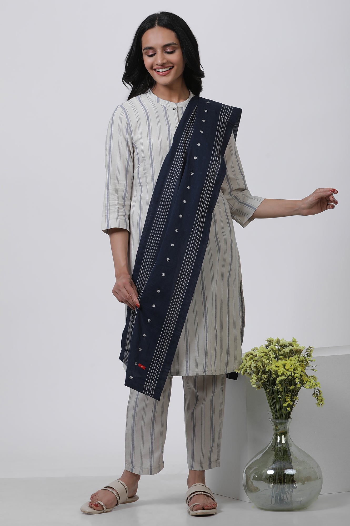 Navy Blue Embroidered Cotton Dupatta