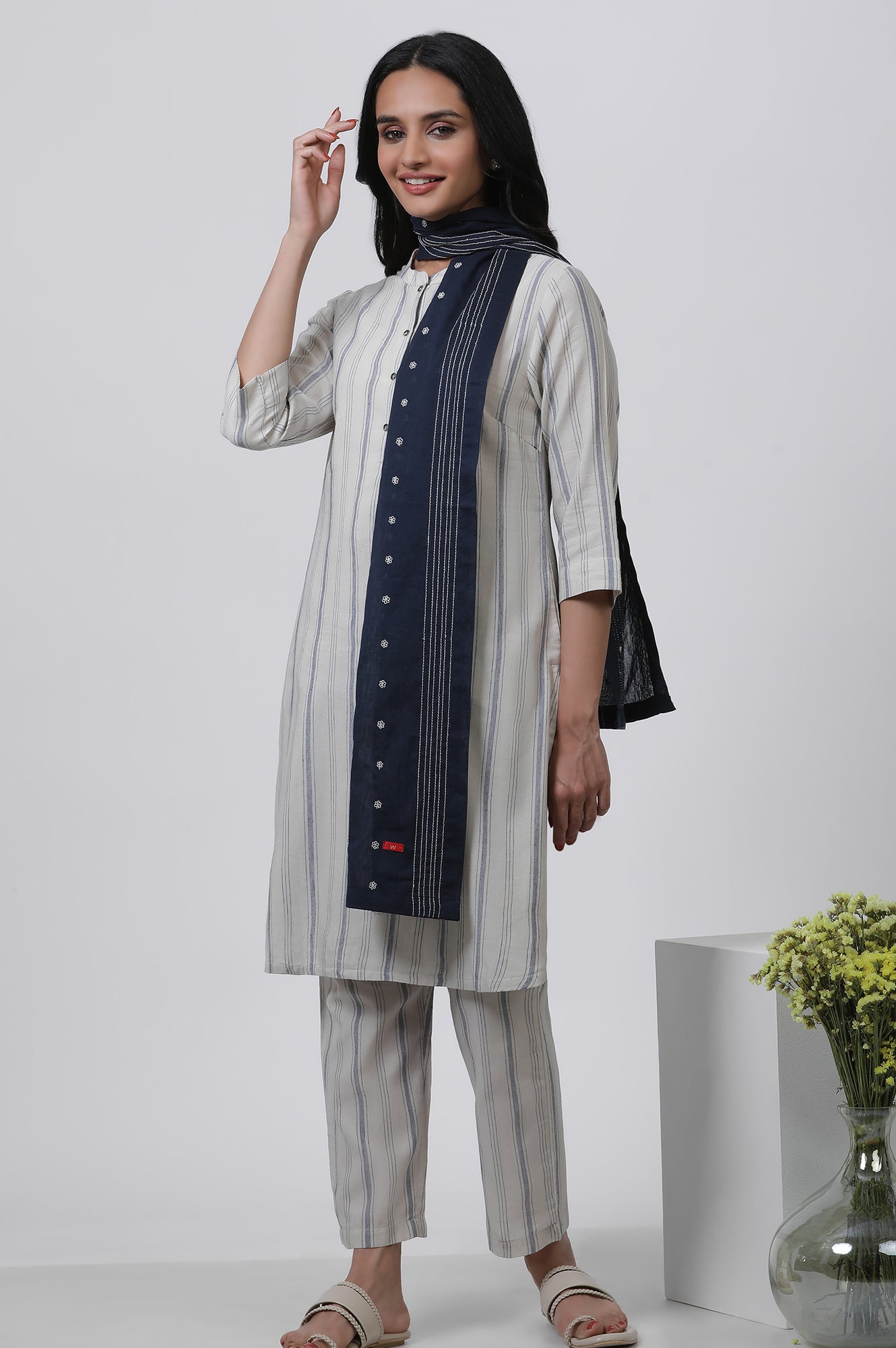 Navy Blue Embroidered Cotton Dupatta