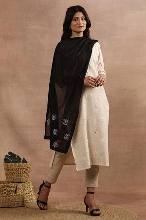 Black Floral Embroidered Cotton Dupatta - wforwoman