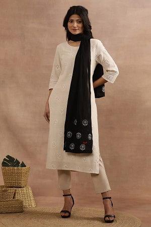 Black Floral Embroidered Cotton Dupatta - wforwoman