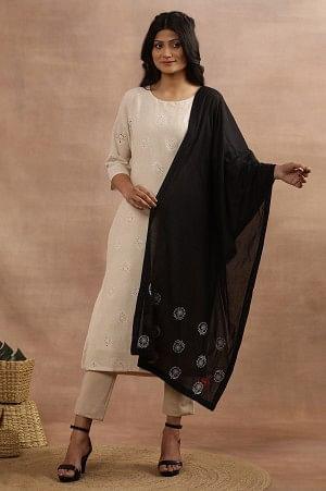 Black Floral Embroidered Cotton Dupatta - wforwoman