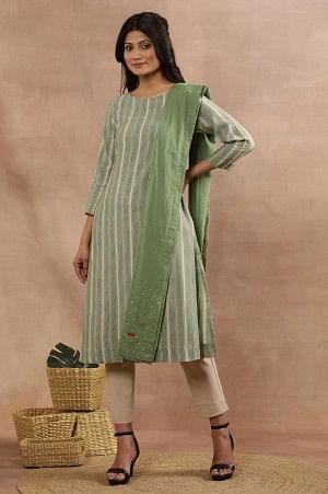 Sage Green Cotton Embroidered Dupatta - wforwoman